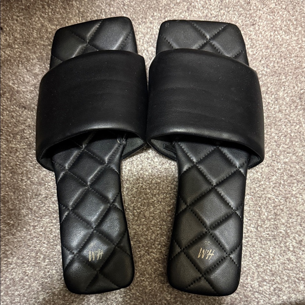 Black Quilted Slide Sandals